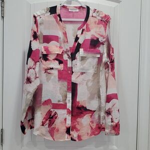 Calvin Klein Womans Long Sleeve,  Linen Floral Button Down Shirt,  Size Large